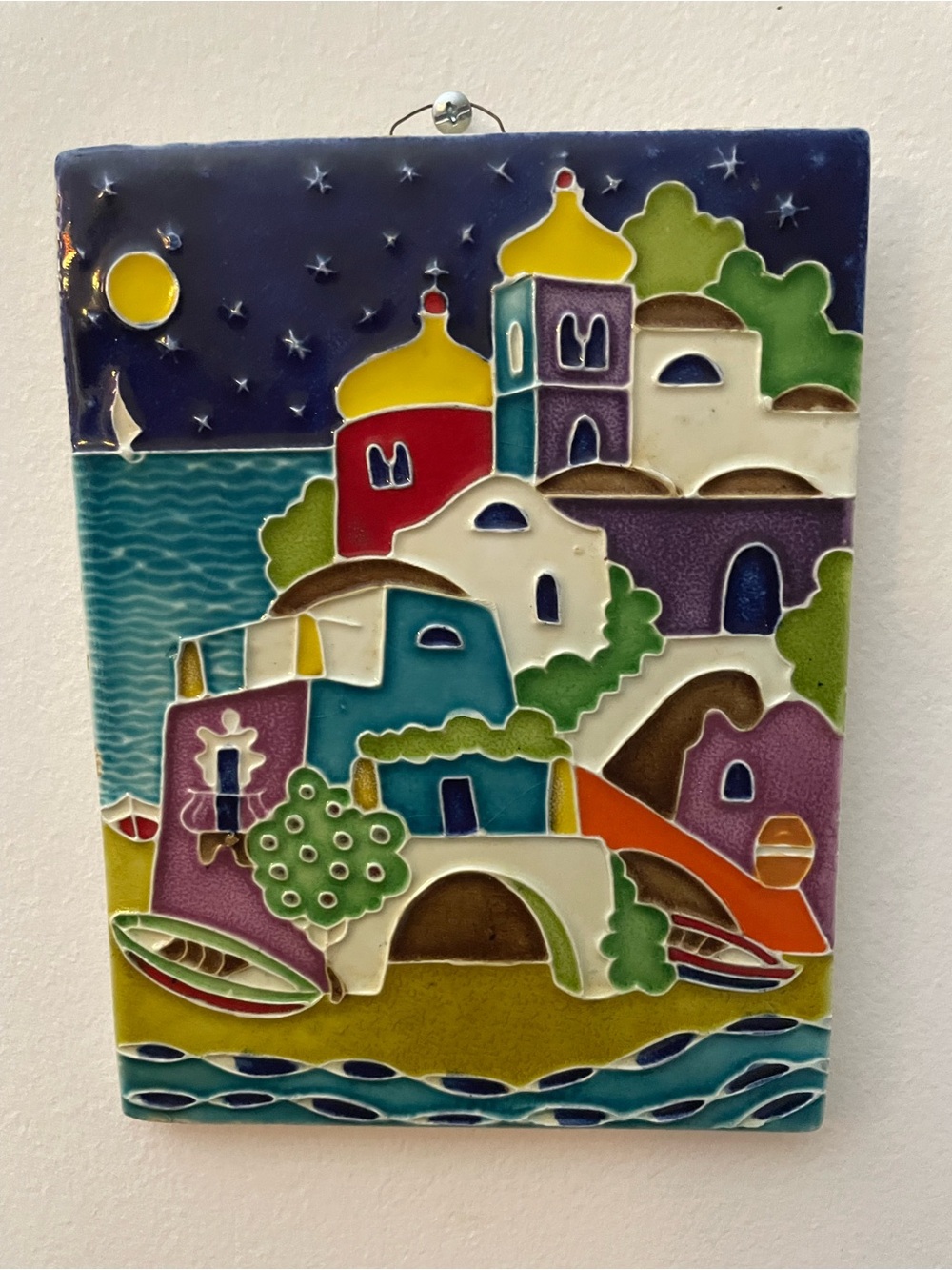 Vintage-Creazioni Luciano-Italy-ceramic wall art-hand painted-Santorini at night